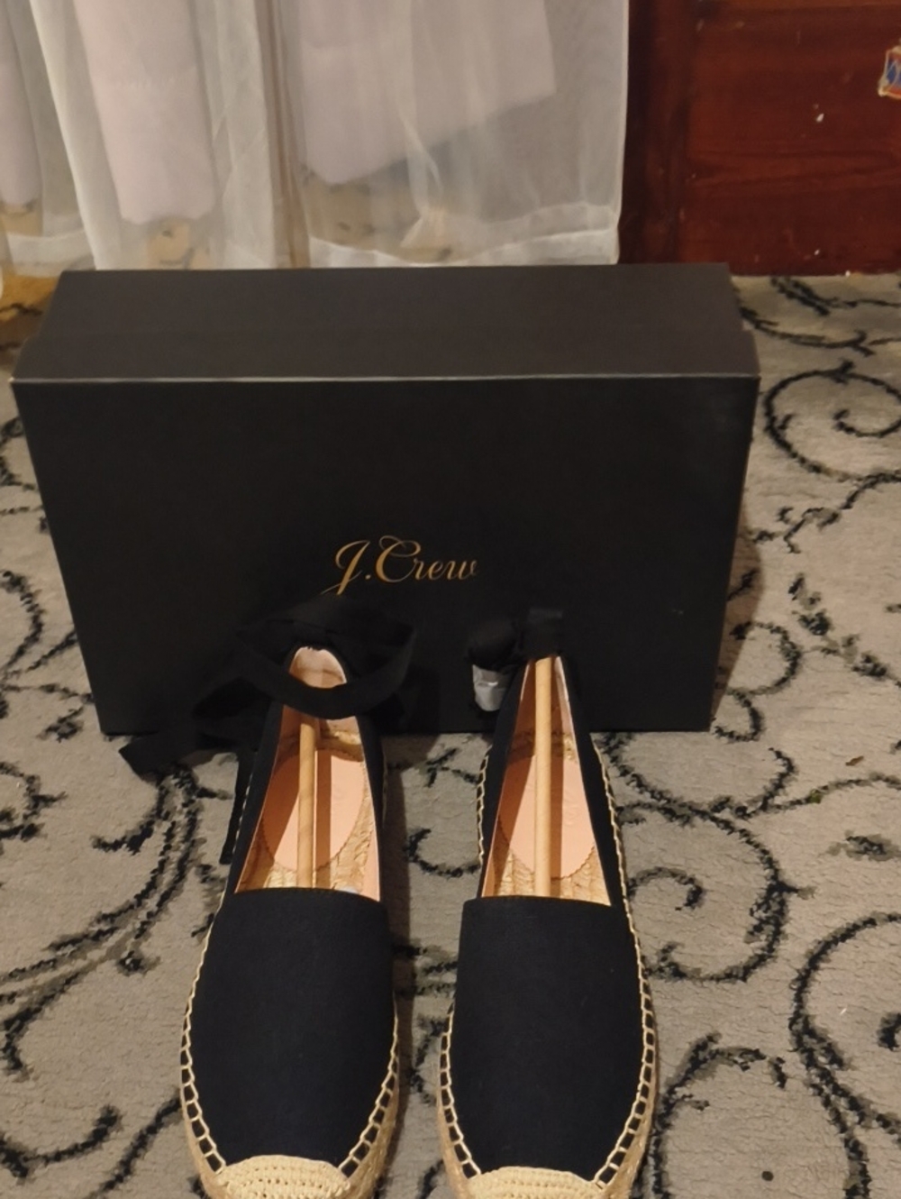 J. Crew Black Espadrille Flats with Raffia Trim